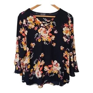 Van Heusen Navy Blue Floral Blouse Size Large Boho Bell Sleeve Lightweight Top